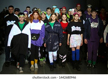 KYIV, UKRAINE - FEBRUARY 4, 2019: Models Present A Sporty Street Style Creation By Designer SOFIA ROUSINOVICH During The 44th Ukrainian Fashion Week Season Fall/Winter 2019/20 At Mystetskyi Arsenal