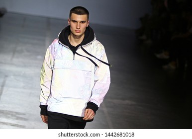 KYIV, UKRAINE - FEBRUARY 4, 2019: Model Presents A Sporty Street Style Creation By Designer SOFIA ROUSINOVICH During The 44th Ukrainian Fashion Week Season Fall/Winter 2019/20 At Mystetskyi Arsenal