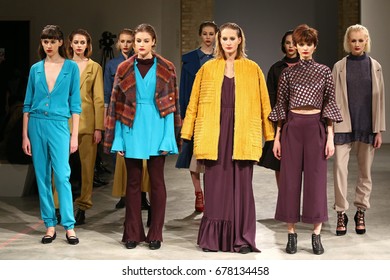 KYIV, UKRAINE - FEBRUARY 7, 2017: Models present a LAKSMI creation by designer Maryana Steshenko during 40th Ukrainian Fashion Week season Autumn/Winter 2017/18 at Mystetskyi Arsenal in Kyiv, Ukraine - Shutterstock ID 678134458