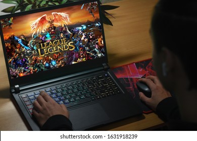 Kyiv, Ukraine; Jan 30, 2020: The guy plays on the notebook in League of Legends.