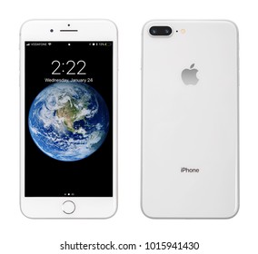 Kyiv, Ukraine - January 24, 2018: Front and back view of Apple iPhone 8 Plus Silver  isolated on white background with clipping path