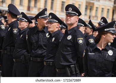 KYIV, UKRAINE - JULY 04, 2015: About 2,000 new street patrol police officers took the oath rite during a ceremony in Sofiivska square and will start their patrol of streets in Kyiv.