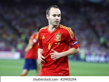 KYIV, UKRAINE - JULY 1, 2012: Portrait Of Andres Iniesta Of Spain During UEFA EURO 2012 Final Game Against Italy At Olympic Stadium In Kyiv, Ukraine