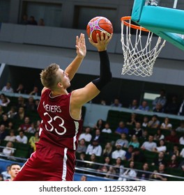 KYIV, UKRAINE - JULY 1, 2018: Martins Meiers of Latvia throws the ball into basket during the FIBA World Cup 2019 European Qualifiers game against Ukraine at Palace of Sports in Kyiv. Latvia won 93-71