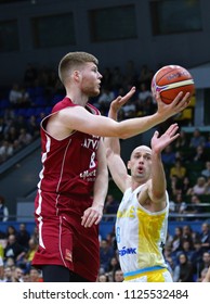 KYIV, UKRAINE - JULY 1, 2018: Davis Bertans of Latvia in action during the FIBA World Cup 2019 European Qualifiers game Ukraine v Latvia at Palace of Sports in Kyiv. Latvia won 93-71