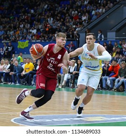 KYIV, UKRAINE - JULY 1, 2018: Davis Bertans of Latvia (L) and Vyacheslav Bobrov of Ukraine in action during their FIBA World Cup 2019 European Qualifiers game at Palace of Sports. Latvia won 93-71