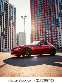 Kyiv, Ukraine. July of 2021. Summer adventures with brand new Mazda MX-5 RF in the sunny and green city