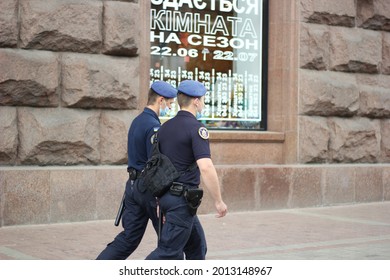 Kyiv, Ukraine - July 22 2021: Two Police Officers Walking The Street