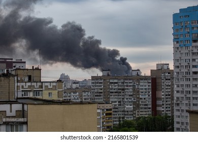 KYIV, UKRAINE - JUN 05, 2022: Kyiv rocked by blasts from Russian cruise missiles. Smoke rises over residents houses after missile strikes, as Russia's attack on Ukraine continues, in Kyiv, Ukraine.