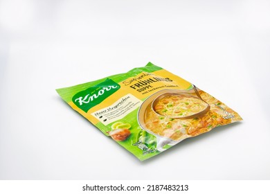 Kyiv, Ukraine - June 02, 2021: Studio Shoot Of Knorr Spring Instant Soup With Noodles And Vegetables Bag Closeup. Knorr Is A German Food And Beverage Company, Produces Dehydrated Soup, Bouillon Cubes.