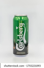 KYIV, UKRAINE - JUNE 06, 2020: Carlsberg Danish lager beer can closeup against white background. Carlsberg is the flagship beer brand in Carlsberg Group's portfolio of 155 brands.