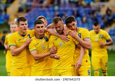 KYIV, UKRAINE - JUNE 07, 2021: Andriy Yarmolenko (7) and Eduard Sobol (2), Ruslan Malinovskyi (8),Serhiy Kryvtsov (4),Roman Yaremchuk (9) celebrating goal. The football match Ukraine vs Cyprus 