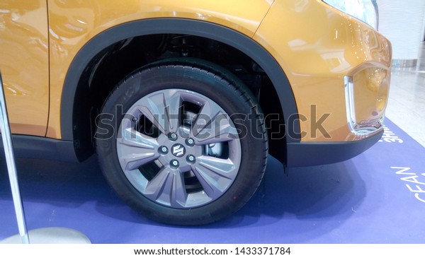 Kyiv Ukraine - June 18, 2019: Wheel of the\
car. A car is a prize at the Ocean Plaza Shopping Center at night\
discounts. Great for editorial\
publication.
