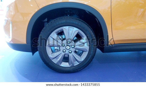 Kyiv Ukraine - June 18, 2019: Wheel of the\
car. A car is a prize at the Ocean Plaza Shopping Center at night\
discounts. Great for editorial\
publication.