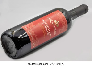 Kyiv, Ukraine - June 26, 2021: Studio Shoot Of La Marchesina Montepulciano DAbruzzo Italian Red Dry Wine Bottle Closeup Against White Background.