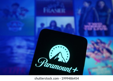 KYIV, UKRAINE - JUNE 29, 2021: In this photo illustration Paramount+ (Paramount Plus) logo of an American subscription video streaming service is seen on a mobile phone screen.
