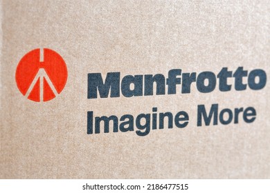 Kyiv, Ukraine - June 30, 2022: Manfrotto Product Cardboard Box With Sign Imagine More Closeup. Manfrotto Is An Italian Brand Of Camera And Lighting Supports, Tripods, Monopods And Other Accessories.