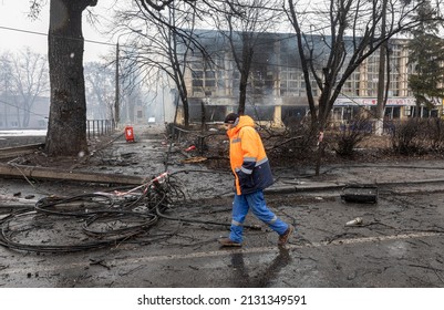 KYIV, UKRAINE - Mar. 02, 2022: War of Russia against Ukraine. View of a civilian sports club gym and sporting goods store damaged following a Russian rocket attack the city of Kyiv, Ukraine