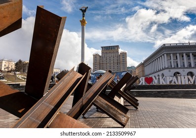 KYIV, UKRAINE - Mar. 08, 2022: War of Russia against Ukraine. Anti-tank hedgehogs in the center of the Ukrainian capital on Independence Square and Khreshchatyk Street