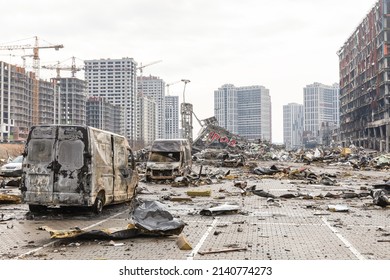 KYIV, UKRAINE - Mar. 29, 2022: War in Ukraine. Shopping center that was damaged by shelling on 21 March by a Russian attack in Kyiv, where according to emergency service, at least six people died