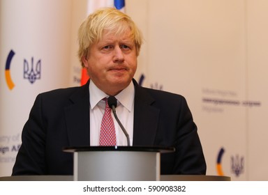 KYIV, UKRAINE - MARCH 1, 2017: Boris Johnson, Secretary of State for Foreign Affairs of UK, looks on during Joint press conference of Foreign Ministers of Ukraine, UK and Poland