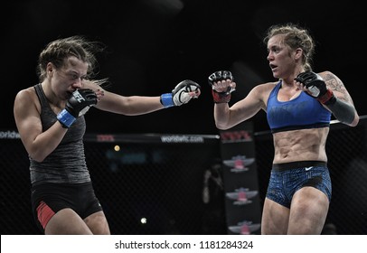 Kyiv, Ukraine -March 13, 2017: mma female fighters fight at the ring fight at the championship in Palace of sport in Kiev, Ukraine powerfuf girls or women fighters fight for mma champions belt