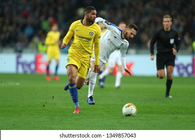 KYIV, UKRAINE - MARCH 14, 2019: Amazing Spectacular Beautiful Run With Terrific Dribbling By  Ruben Loftus­-Cheek Pressured By Tamas Kadar. Europa League. Dynamo Kyiv - Chelsea