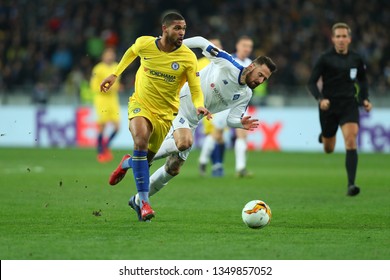 KYIV, UKRAINE - MARCH 14, 2019: Amazing Spectacular Beautiful Run With Terrific Dribbling By  Ruben Loftus­-Cheek Pressured By Tamas Kadar. Europa League. Dynamo Kyiv - Chelsea