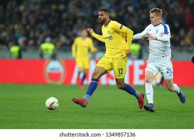 KYIV, UKRAINE - MARCH 14, 2019:  Ruben Loftus­-Cheek Runs And Passes The Ball Pressured By Mykyta Burda. Europa League. Dynamo Kyiv - Chelsea