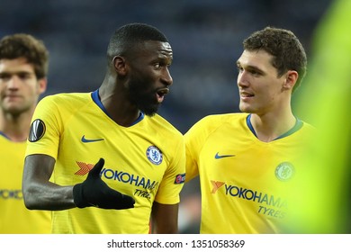 KYIV, UKRAINE - MARCH 14, 2019: Antonio Rudiger Portrait Talking With Andreas Christensen After The Victory. Europa League. Dynamo Kyiv - Chelsea