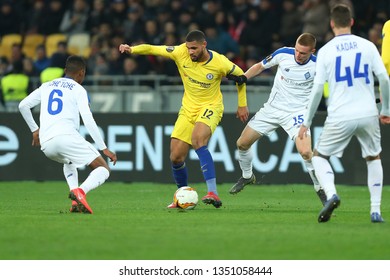 KYIV, UKRAINE - MARCH 14, 2019: Ruben Loftus­-Cheek Runs And Dribbles Very Fast With Spectacular Moves With The Ball. Europa League. Dynamo Kyiv - Chelsea