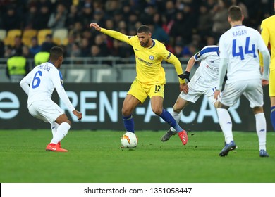 KYIV, UKRAINE - MARCH 14, 2019: Ruben Loftus­-Cheek Runs And Dribbles Very Fast With Spectacular Moves With The Ball. Europa League. Dynamo Kyiv - Chelsea