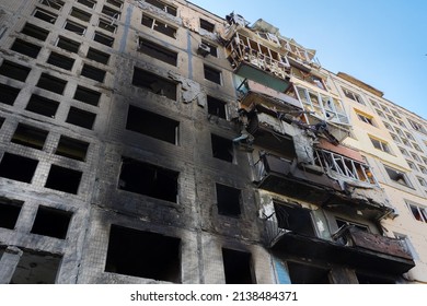 Kyiv, UKRAINE - March, 14 2022 Russian invasion of Ukraine bombed building destroyed city Ukraine ruined. Rocket bomb attack Russia against Ukraine war destruction building damage Mariupol destroyed