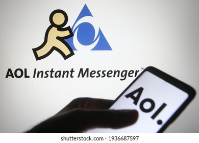 KYIV, UKRAINE - MARCH 15, 2021: In This Photo Illustration AOL Logo Is Seen On A Mobile Phone In A Hand