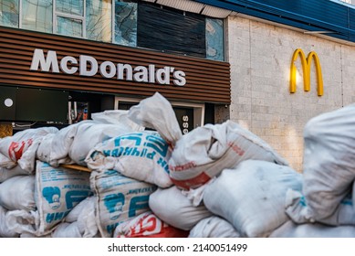 KYIV, UKRAINE - MARCH 2022. McDonald's Closed And Barricaded.