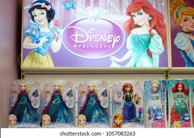 Kyiv, Ukraine - March 24, 2018: Disney Princess Dolls for sale in the Supermarket Stand.