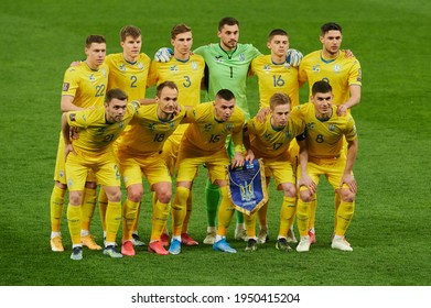 KYIV, UKRAINE - MARCH 28, 2021: Ukraine national team. The football match of Qualifying round Group D of World Cup 2022 Ukraine vs Finland
