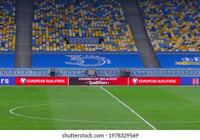 KYIV, UKRAINE - MARCH 28, 2021: FIFA World Cup Qatar2022 Qualifiers billboard seen at NSK Olimpiyskiy stadium in Kyiv during the FIFA World Cup 2022 Qualifying round game Ukraine v Finland