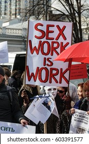 KYIV, UKRAINE - MARCH 3, 2017:  Picket of sex workers for the abolition of fines in the Administrative Code