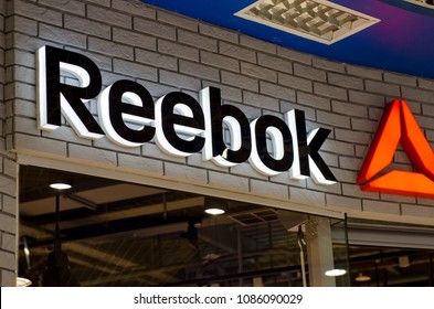 Kyiv, Ukraine - May 04, 2018: Reebok sign and logo. Reebok store.