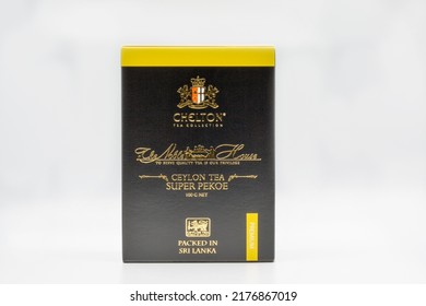 Kyiv, Ukraine - May 08,2021: Sri Lanka Chelton Ceylon Tea Brand Box Closeup On White. Ceylon Tea Has Been Described As Not Only A Geographical Descriptor But Also A Pillar Of Sri Lankan Culture.