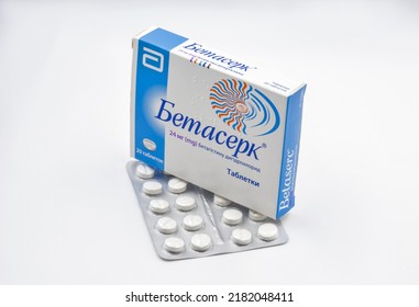 Kyiv, Ukraine - May 10, 2021: Studio Shot Of Betaserc Betahistine Box Package Tablets By Abbott Closeup Against White. Symptomatic Treatment For Vestibular Vertigo.