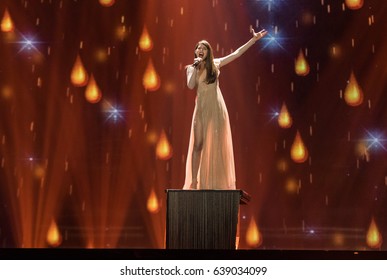 KYIV, UKRAINE - MAY 12, 2017: Demy From Greece At The Grand Final Rehearsal During Eurovision Song Contest, In Kyiv, Ukraine
