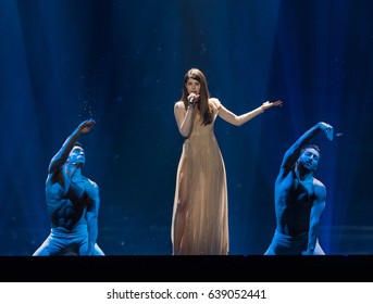 KYIV, UKRAINE - MAY 12, 2017: Demy From Greece At The Grand Final Rehearsal During Eurovision Song Contest, In Kyiv, Ukraine