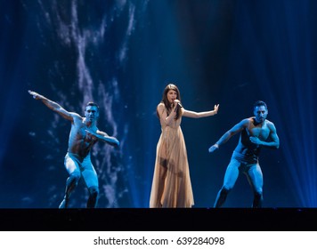 KYIV, UKRAINE - MAY 12, 2017: Demy From Greece At The Grand Final Rehearsal During Eurovision Song Contest, In Kyiv, Ukraine