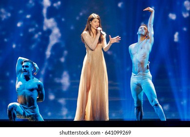 KYIV, UKRAINE - MAY 12, 2017: Demy From Greece At The Grand Final Rehearsal During Eurovision Song Contest, In Kyiv, Ukraine