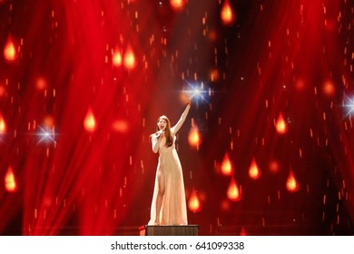 KYIV, UKRAINE - MAY 12, 2017: Demy From Greece At The Grand Final Rehearsal During Eurovision Song Contest, In Kyiv, Ukraine