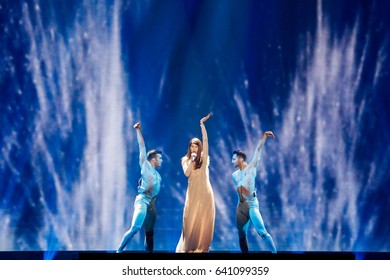 KYIV, UKRAINE - MAY 12, 2017: Demy From Greece At The Grand Final Rehearsal During Eurovision Song Contest, In Kyiv, Ukraine