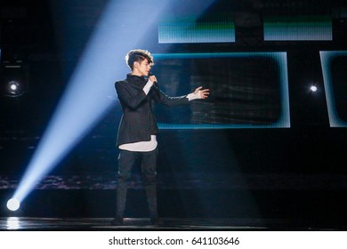KYIV, UKRAINE - MAY 12, 2017:   Kristian Kostov from Bulgaria at the Grand Final rehearsal during Eurovision Song Contest, in Kyiv, Ukraine   - Shutterstock ID 641103646
