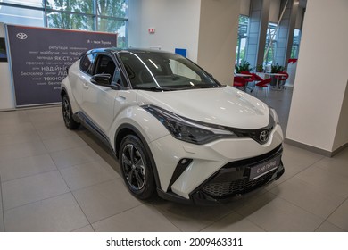 KYIV, UKRAINE - MAY 15, 2021: New Toyota C-HR Hybrid Car On Display In Car Dealership City Plaza. It Is A Subcompact Crossover SUV, On Sale In Europe, Australia, South Africa And North America In 2017